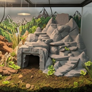 May include: A gray, 3D-printed terrarium hideout shaped like a rocky mountain with a cave entrance and steps. The background features a painted mountain scene. Green plants and moss surround the hideout, creating a naturalistic environment.