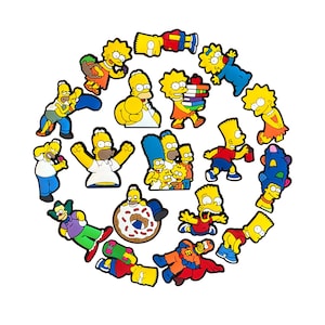 May include: A collection of colorful rubberized shoe charms featuring various characters from The Simpsons, including Homer, Marge, Bart, Lisa, and Krusty the Clown in different poses, such as holding books, eating a donut, or skateboarding.