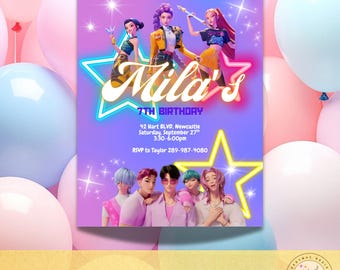 May include: A birthday party invitation with a purple background and a neon star design. The invitation features illustrations of animated characters and the text "Mila's 7th Birthday". Additional text includes event details and RSVP information.