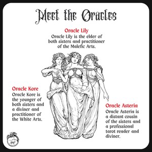 May include: A square card titled Meet the Oracles featuring a black and white line drawing of three women in flowing robes. Text describes Oracle Lily, Oracle Kore, and Oracle Asteria, detailing their roles as practitioners of various arts.