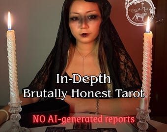 May include: A person wearing a black lace head covering and a black top, positioned between two lit white twisted candles in glass holders. Tarot cards are arranged on the table in front of them. Text reads: In-Depth Brutally Honest Tarot, NO AI-generated reports.