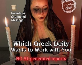 May include: A person wearing a black lace head covering, holding tarot cards on a table with two lit twisted candles. Text reads: Real Image by VeiledOracles, Includes a Channeled Message, Which Greek Deity Wants to Work with You, NO AI-generated reports.