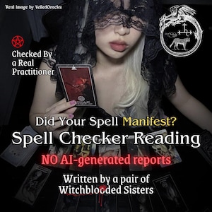 Puede incluir: Una persona sosteniendo una carta de tarot con el texto "Did Your Spell Manifest? Spell Checker Reading". La imagen incluye el texto "Checked By a Real Practitioner" y "NO AI-generated reports". La imagen tiene un tema oscuro y místico.