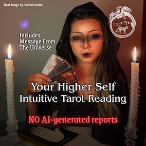 May include: A person wearing a black hooded garment holds three tarot cards. Two lit white candles stand on either side. Text reads: Includes Message From The Universe, Your Higher Self Intuitive Tarot Reading, NO AI-generated reports.