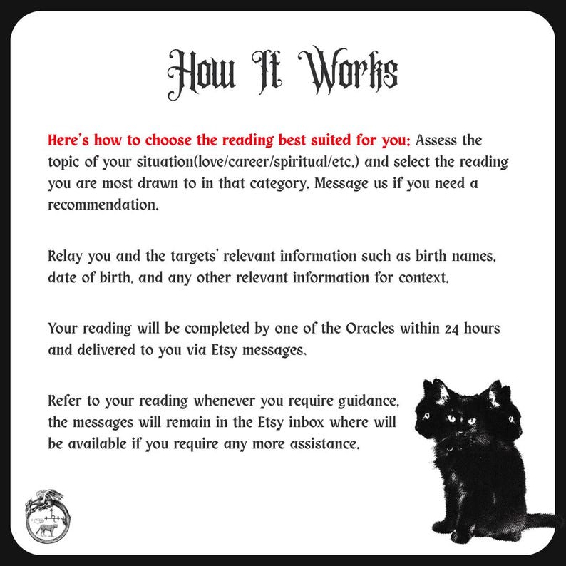May include: A white informational card with black text titled How It Works. It explains the process for receiving a reading, including selecting a topic, providing birth details, and delivery via Etsy messages. A three-headed black cat is at the bottom.