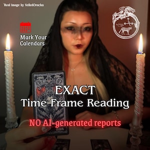 May include: A tarot card titled Knight of Swords held in front of a person wearing a black lace veil, flanked by two lit white candles. Text overlays include Real Image by VeiledOracles, Mark Your Calendars, EXACT Time Frame Reading, and NO AI-generated reports.