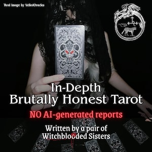 Peut inclure: Une carte de tarot avec un motif argenté détaillé et des accents rouges est présentée. La carte fait partie d'un jeu appelé "In-Depth Brutally Honest Tarot", écrit par Witchblooded Sisters, sans rapports générés par l'IA.