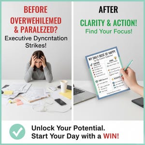 Peut inclure: Image divisée en deux parties. À gauche, une personne submergée par des papiers, texte : « Avant, dépassé et paralysé ? » À droite, une personne tient une liste de contrôle. Texte : « Après, clarté et action ! » Texte en bas : « Débloquez votre potentiel. »