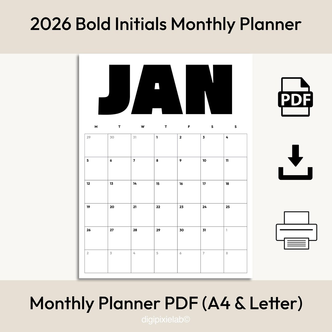 2026 Bold Initials Monthly Planner – Modern Abbreviated Calendar (A4 ...