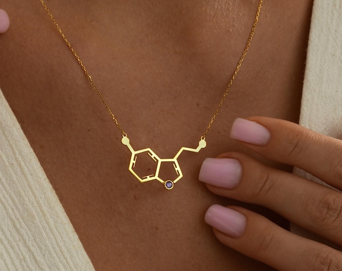 Gold Serotonin Necklace with Birthstone, Serotonin Molecule Jewelry, Custom Science Gift, Chemistry Necklace, Happiness Molecule Pendant