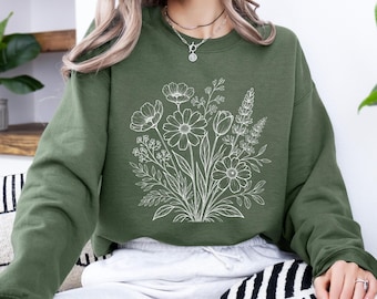 Wildflowers Sweatshirt, Flower Crewneck Sweatshirt, Floral Sweatshirt For Women, Flower Lover Sweatshirt, Flowers Hoodie, Women Gift