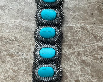 Handmade Turquoise Beaded Crochet Bracelet: Natural Crystal Boho Cuff