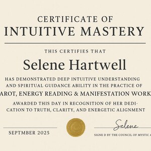 May include: A certificate of intuitive mastery with the name Selene Hartwell. The document is beige with black text, a gold seal, and a signature. The certificate recognizes her ability in tarot, energy reading, and manifestation work.