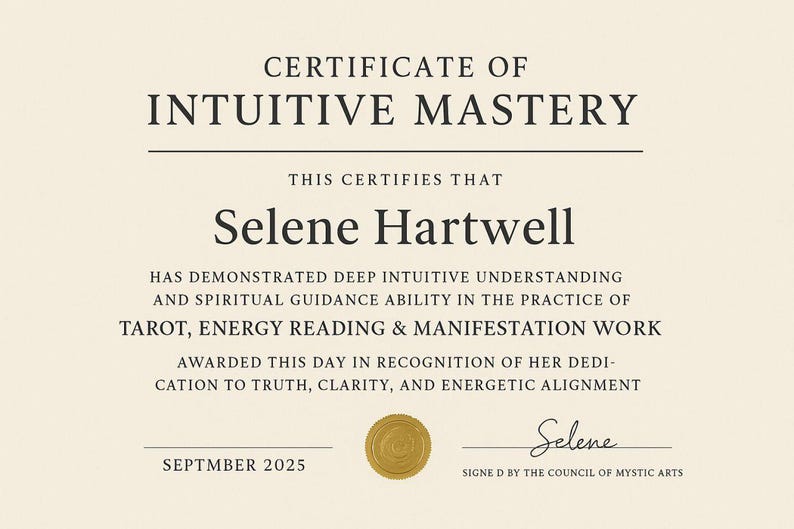 May include: A certificate of intuitive mastery with the name Selene Hartwell. The document is beige with black text, a gold seal, and a signature. The certificate recognizes her ability in tarot, energy reading, and manifestation work.