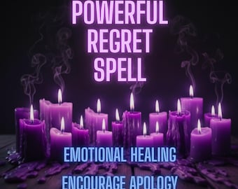 May include: An image featuring purple candles with lit flames. The text "POWERFUL REGRET SPELL" is displayed above the candles, with "EMOTIONAL HEALING" and "ENCOURAGE APOLOGY" below. The candles are on a wooden surface.