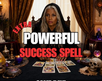 May include: An image featuring a woman in a black hooded cloak, seated at a table with tarot cards. Text overlay reads "EXTRA POWERFUL SUCCESS SPELL" and "SAME DAY!" Various mystical items are on the table.