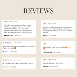 May include: Image of customer reviews with a heading that says "REVIEWS". The reviews are in a light beige color with a star rating and a checkmark that says "Recommends". The reviews are from different customers.