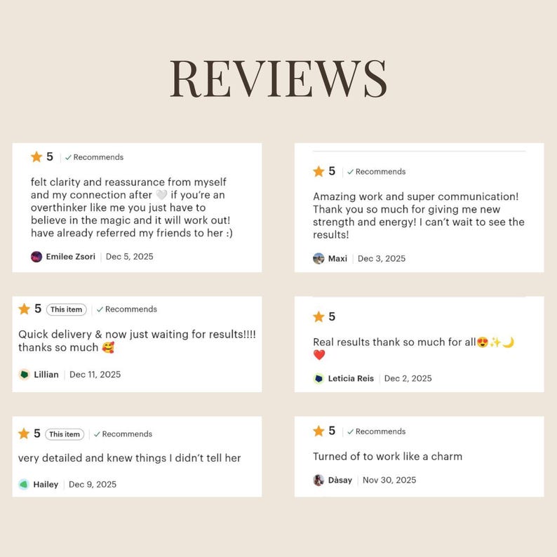 May include: Image of customer reviews with a heading that says "REVIEWS". The reviews are in a light beige color with a star rating and a checkmark that says "Recommends". The reviews are from different customers.