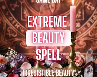 May include: An image featuring a lit pink candle in a gold candlestick, with the text "EXTREME BEAUTY SPELL" and "IRRESISTIBLE BEAUTY". The scene includes crystals, rose petals, and a decorative box, suggesting a mystical theme.