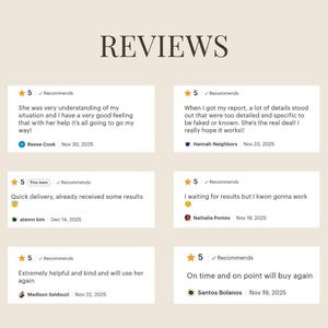 May include: Image of customer reviews with a five-star rating and positive comments. The word "REVIEWS" is at the top. Each review includes the customer's name and the date of the review.