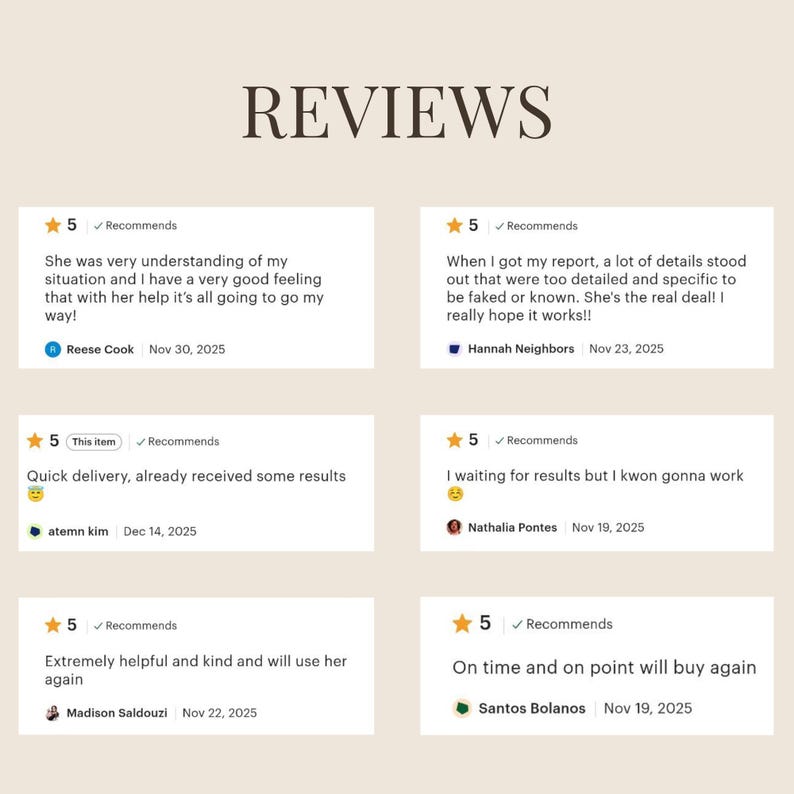May include: Image of customer reviews with a five-star rating and positive comments. The word "REVIEWS" is at the top. Each review includes the customer's name and the date of the review.