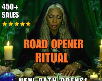 May include: An image with text that reads "Road Opener Ritual" and "New Path Opens!" A person with long gray hair is wearing a black hooded robe and looking at tarot cards. The image also includes lit candles and a crystal ball.