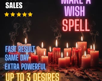 May include: Image of lit candles with the text "MAKE A WISH SPELL". The image also includes the text "900+ SALES", "FAST RESULT SAME DAY", "EXTRA POWERFUL", and "UP TO 3 DESIRES". The candles are red and cream-colored.