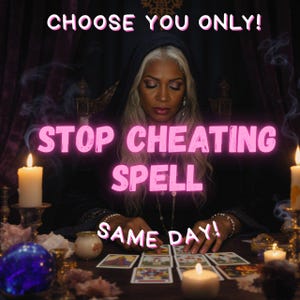 May include: An image featuring a woman with long gray hair, wearing a dark hooded robe, and surrounded by candles and tarot cards. The text "CHOOSE YOU ONLY!" and "STOP CHEATING SPELL SAME DAY!" are displayed in pink neon.