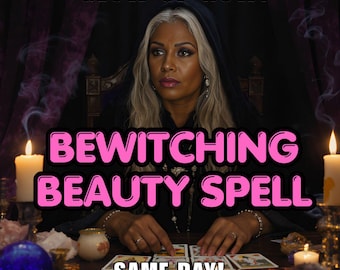 May include: An image with the text "GLOW UP NOW!" above the text "BEWITCHING BEAUTY SPELL" in pink, and "SAME DAY!" below. A person with gray hair and a black hooded cloak is seated at a table with tarot cards and candles.