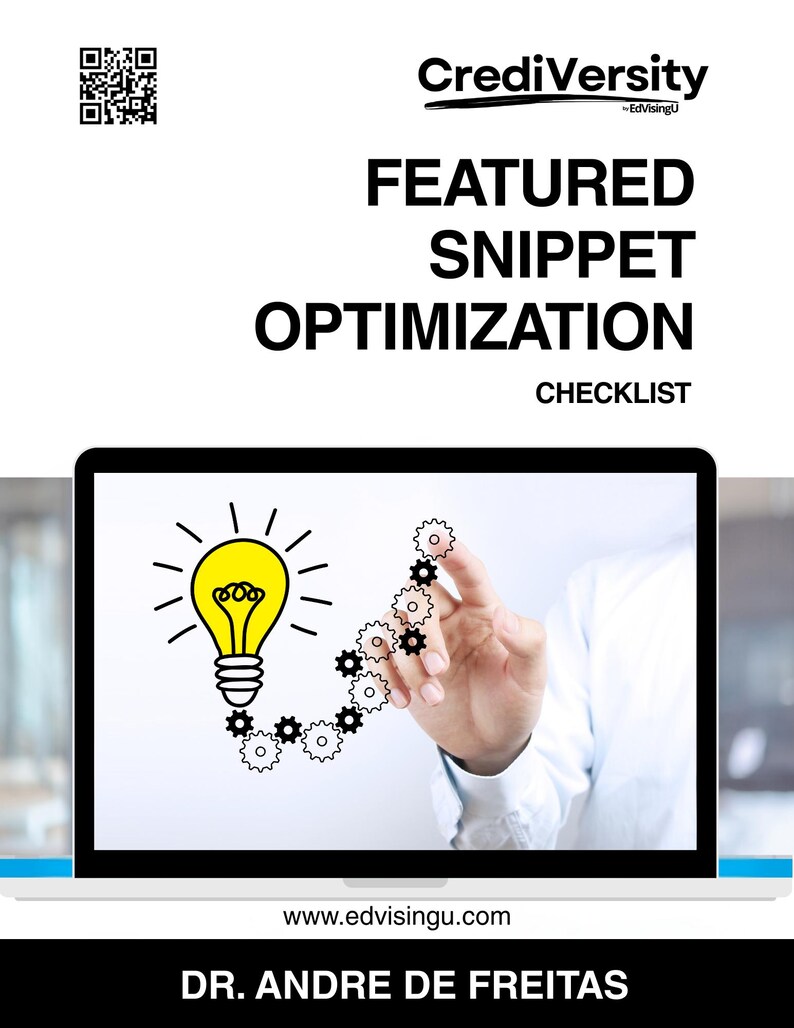 May include: A laptop screen displays a graphic of a yellow lightbulb with radiating lines and gears, symbolizing ideas and optimization. The text reads "FEATURED SNIPPET OPTIMIZATION CHECKLIST." The website address www.edvisingu.com is also visible.