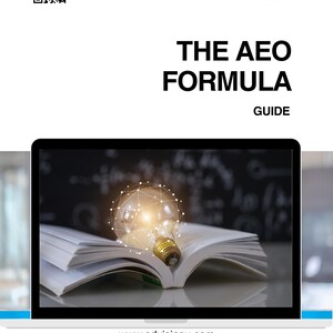 May include: A white book cover with the title "THE AEO FORMULA GUIDE" in bold black letters. The image features a laptop displaying an open book with a glowing lightbulb. The website address www.edvisingu.com and the author's name, Dr. Andre de Freitas, are also visible.