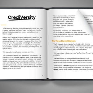 May include: An open book with the title "CrediVersity" in black text. The book's pages contain text and headings, including "The Three Eternal Markets." The book is set against a gray background.
