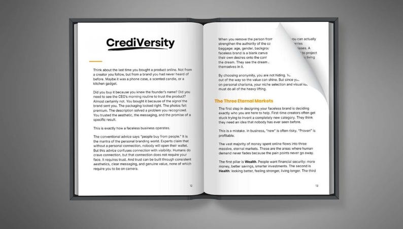 May include: An open book with the title "CrediVersity" in black text. The book's pages contain text and headings, including "The Three Eternal Markets." The book is set against a gray background.