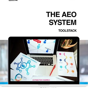 May include: A laptop displaying a business diagram with the text "DISTRIBUTION CHANNELS." The image also includes the text "THE AEO SYSTEM" and "TOOLSTACK." A red pen rests on the desk. The website address www.edvisingu.com is visible.