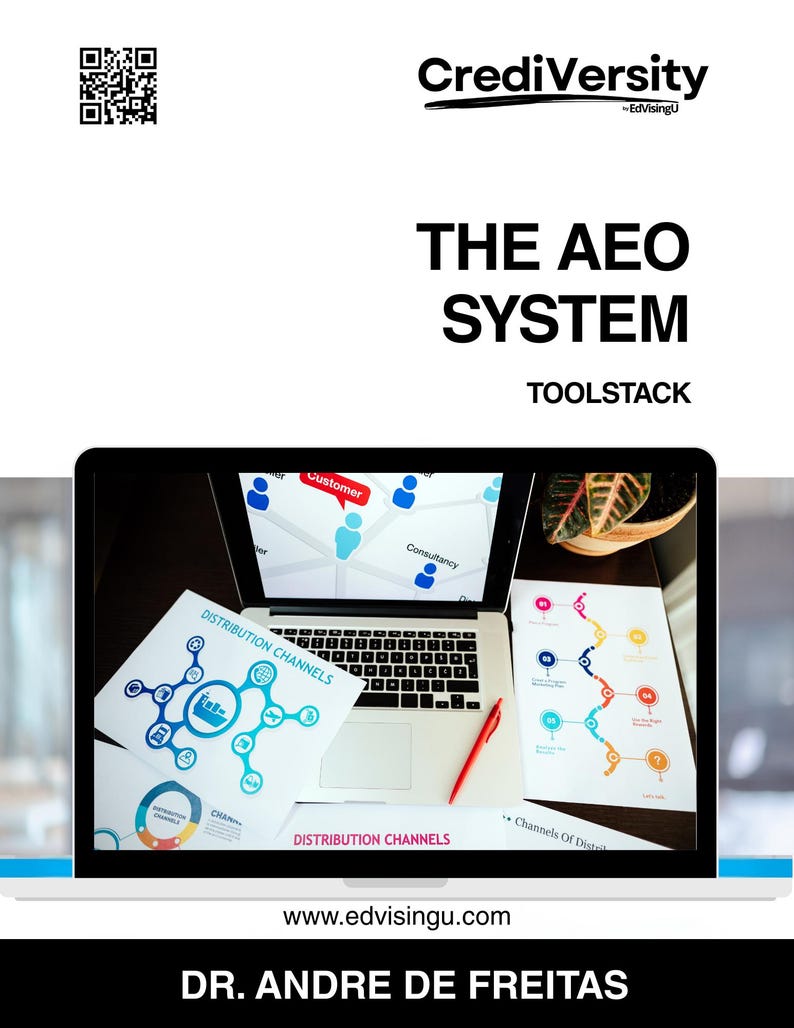 May include: A laptop displaying a business diagram with the text "DISTRIBUTION CHANNELS." The image also includes the text "THE AEO SYSTEM" and "TOOLSTACK." A red pen rests on the desk. The website address www.edvisingu.com is visible.