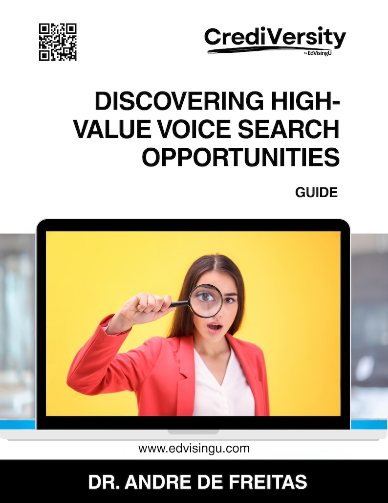 May include: A laptop screen displays a guide titled "DISCOVERING HIGH-VALUE VOICE SEARCH OPPORTUNITIES." The image on the screen shows a person holding a magnifying glass. The guide is from CrediVersity.