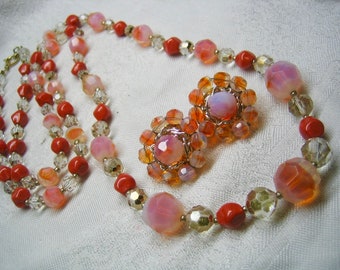 Vintage Czech 2 Tone Peach Faceted Cut Fire Polish Crystal Necklace Earrings