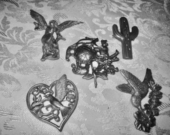 Vintage Lot of 5 Pewter Brooches Hummingbird Angle Heart Jungle Cactus All Signed