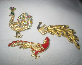 Vintage Lot Of 3 Rhinestone Peacock Bird Brooch Brooches