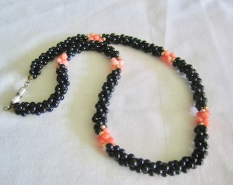 Vintage Angel Skin & Black Coral Beaded Necklace