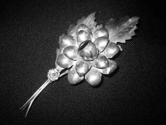 Vintage 40s Huge 4" Sterling Flower Brooch Raffae… - image 3