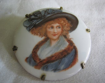 Vintage 100 Year Old Painted Portrait on Porcelain Brooch Pendant