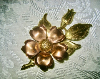 Vintage Yellow & Rose Gold Plated  Dogwood Flower Fur Clip Brooch