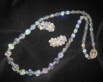 Vintage Aurora Borealis Crystal Beaded Necklace & Earringa