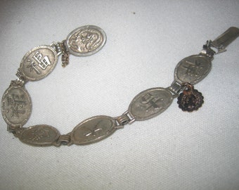 Antique / Vintage Silver Chinese Character Link Fortune Bracelet
