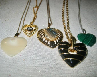 Vintage Lot of 5 Heart Pendants Malachite Mother of Pearl Glass Shell