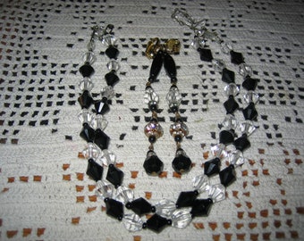 Vintage Black & Clear Cut Crystal; Necklace Earrings