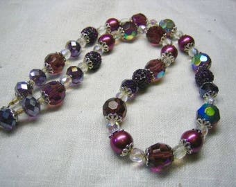 Vintage Purple Amethyst Crystal & Rhinestone Beaded Necklace