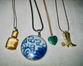 Vintage Lot of 4 Pendants 1 Malachart Blue Porcelain Topaz & Boot