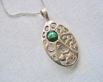 Vintage Sterling Malachite Heart & Stars Pendant